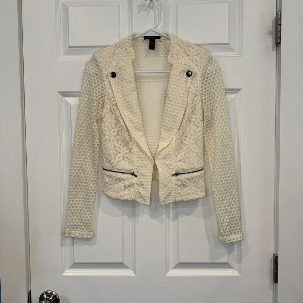 Material Girl Cream Lace Moto Jacket Honeycomb Mesh Mixed Media Size XS